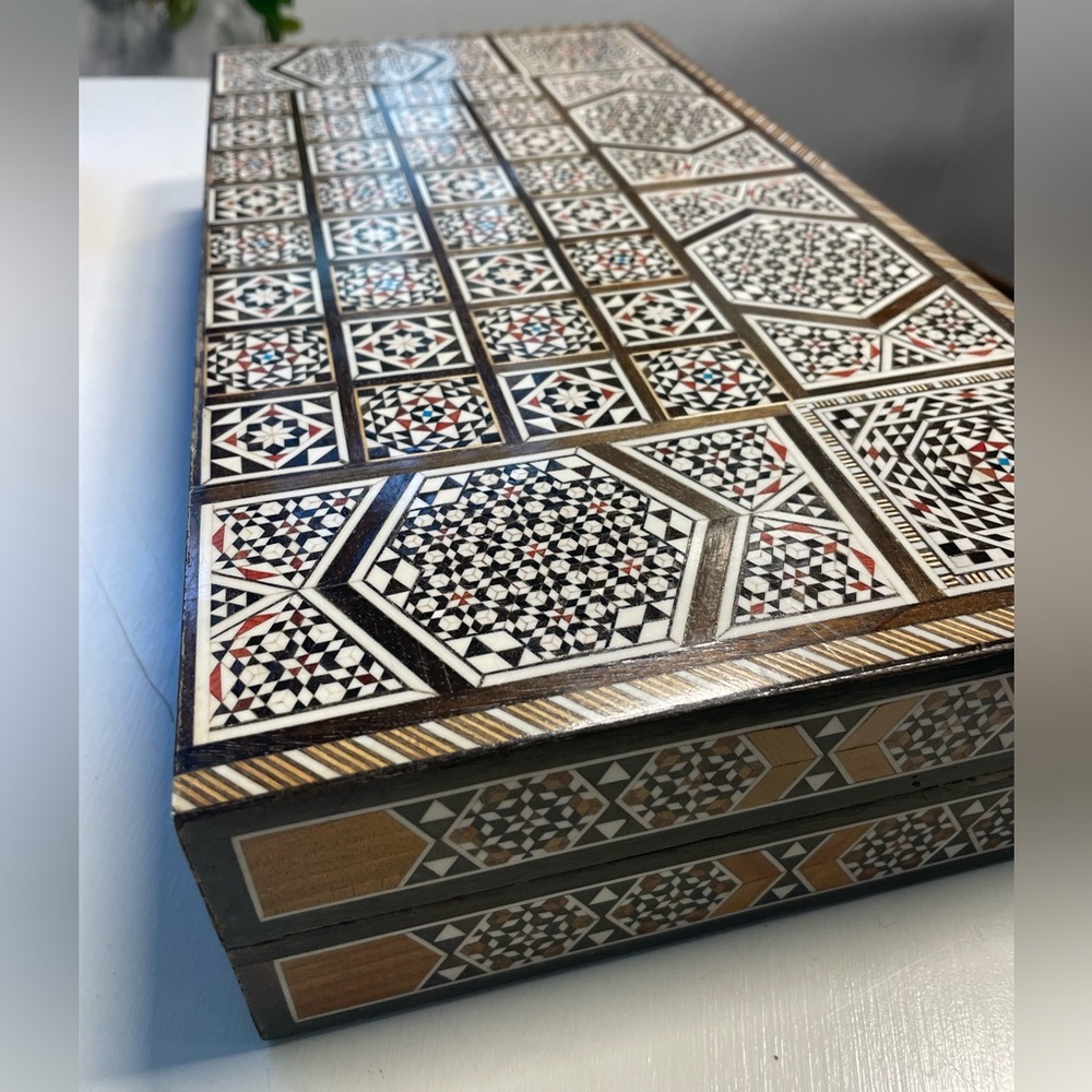 Vintage Wood Inlaid Marquetry Backgammon Box